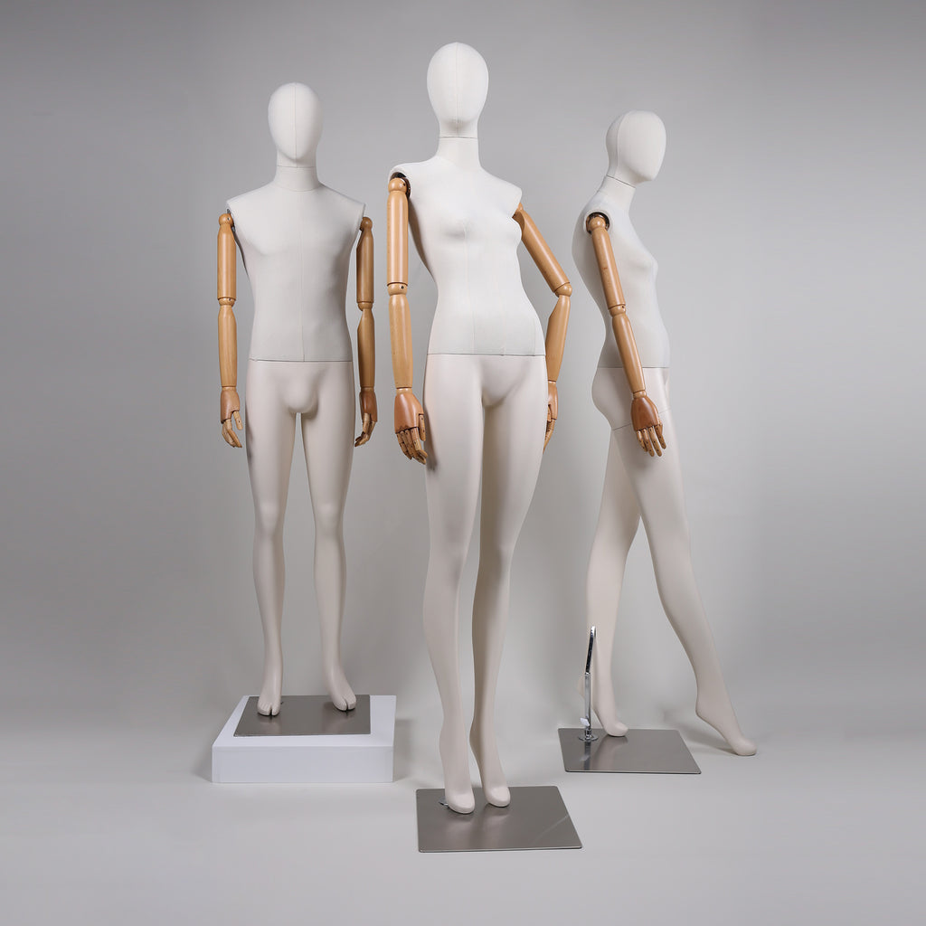 Premium bamboo Linen Full Body Mannequins - White Fiberglass with Wooden Arms | 20% Off