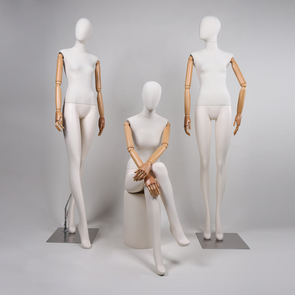 Premium bamboo Linen Full Body Mannequins - White Fiberglass with Wooden Arms | 20% Off