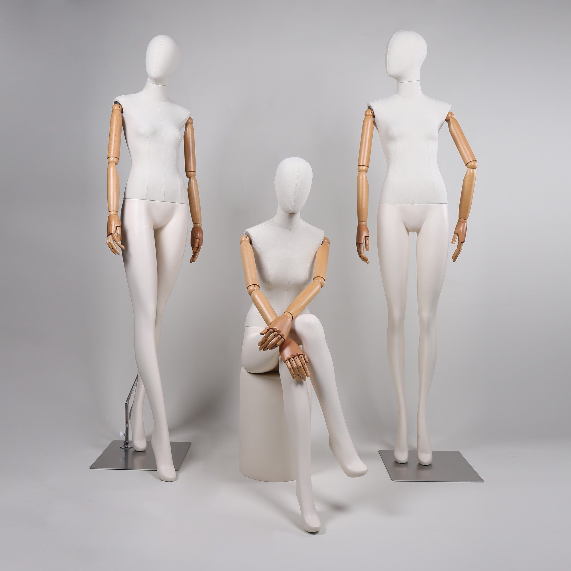 Premium bamboo Linen Full Body Mannequins - White Fiberglass with Wooden Arms | 20% Off