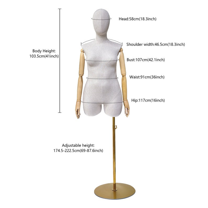 Jelimate Female Plus Size Mannequin,Grey Linen Fabric Mannequin Torso,Half Body Female Mannequin Torso,Window Display Female Plus Size Model,Clothing Store Clothing Display Mannequin,Adult Props with Wooden Arms JM376