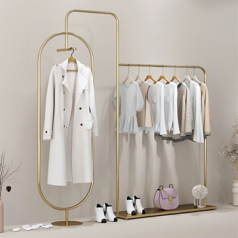 Jelimate Stainless Steel Silver Gold Clothing Rack And Shoe Rack,Clothing Store Men Kid Women Clothes Display Rack,Clothing Display Stand Coat Rack Clothing Shelf,Metal Garment Rack Clothing Storage Rack 190cm& 240cm,Welcome Customize Size