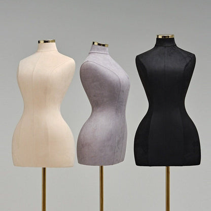 Jelimate Female Half Body Mannequin – Suede Velvet Dress Form with Gold Base, Curvy Big Hip Slim Waist Torso for Gowns, Dresses, Accessories Display