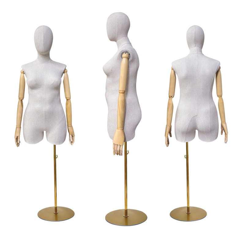 Jelimate Female Plus Size Mannequin,Grey Linen Fabric Mannequin Torso,Half Body Female Mannequin Torso,Window Display Female Plus Size Model,Clothing Store Clothing Display Mannequin,Adult Props with Wooden Arms JM376