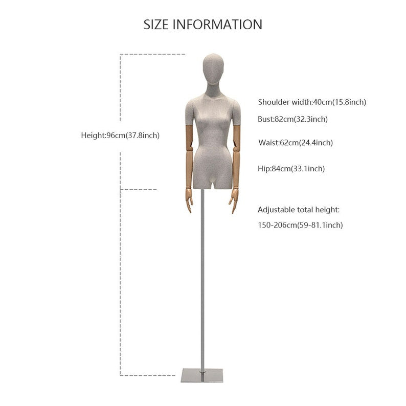 Adjustable Female Half-Body Mannequin with Linen Cover and Wooden Arms for Clothing Display