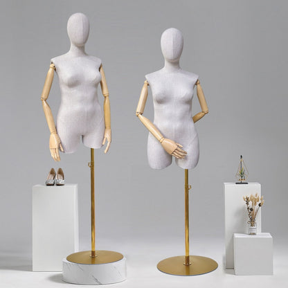 Jelimate Female Plus Size Mannequin,Grey Linen Fabric Mannequin Torso,Half Body Female Mannequin Torso,Window Display Female Plus Size Model,Clothing Store Clothing Display Mannequin,Adult Props with Wooden Arms JM376