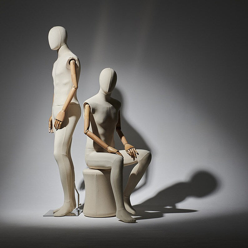 Jelimate Realistic Male and Female Full Body Mannequin,Linen Fabric Beige Mannequin Torso With Wooden Arms,Women and Men Full Body Display Mannequin Dress Form,Clothing Shop Clothes Display Model JMFF02