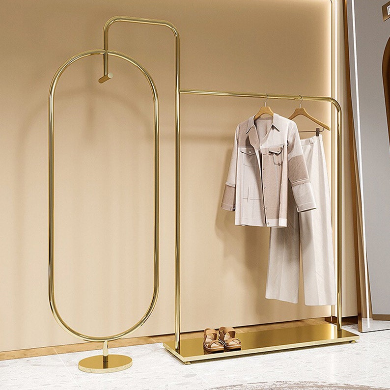 Jelimate Stainless Steel Silver Gold Clothing Rack And Shoe Rack,Clothing Store Men Kid Women Clothes Display Rack,Clothing Display Stand Coat Rack Clothing Shelf,Metal Garment Rack Clothing Storage Rack 190cm& 240cm,Welcome Customize Size