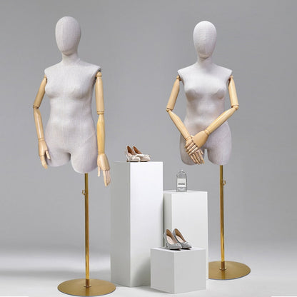 Jelimate Female Plus Size Mannequin,Grey Linen Fabric Mannequin Torso,Half Body Female Mannequin Torso,Window Display Female Plus Size Model,Clothing Store Clothing Display Mannequin,Adult Props with Wooden Arms JM376