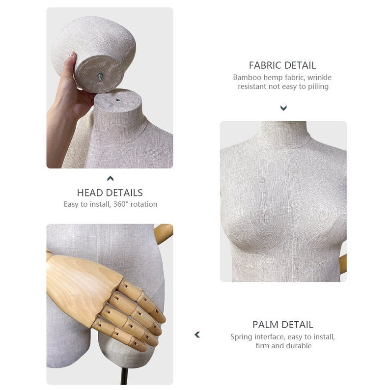 Jelimate Female Plus Size Mannequin,Grey Linen Fabric Mannequin Torso,Half Body Female Mannequin Torso,Window Display Female Plus Size Model,Clothing Store Clothing Display Mannequin,Adult Props with Wooden Arms JM376