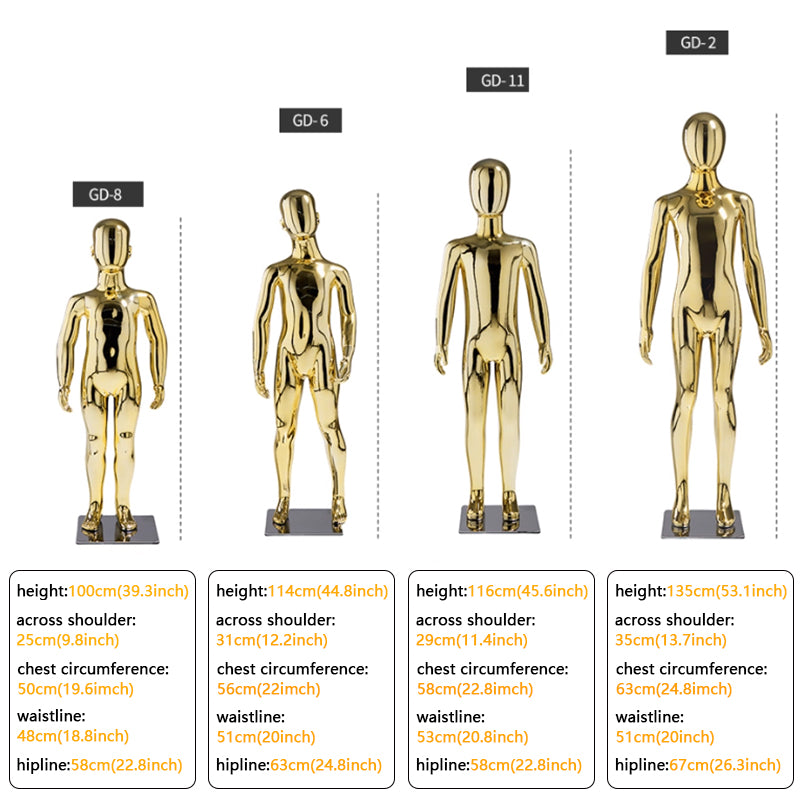 Size Chart for Electroplated Gold Child Mannequins for Premium Clothing Display