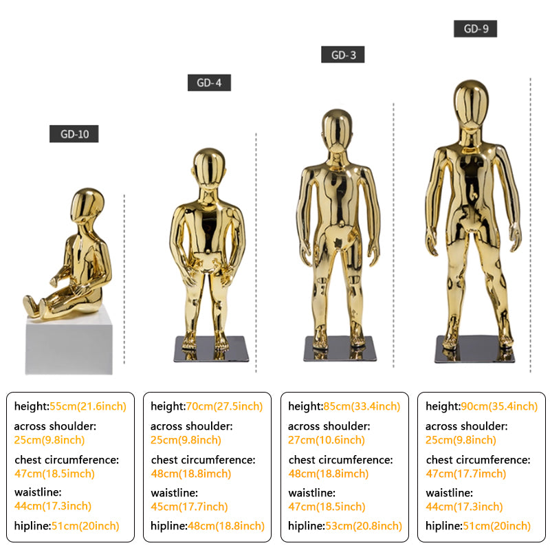 Size Chart for Electroplated Gold Child Mannequins for Premium Clothing Display