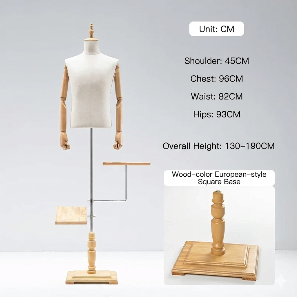 Professional Male Mannequin Torso with Adjustable Wooden Arms | Suit Display Dress Form with Tripod Base