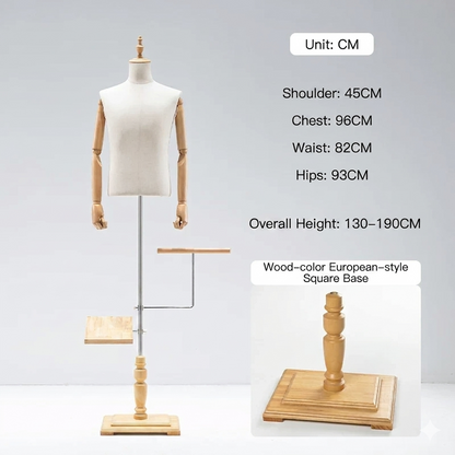 Professional Male Mannequin Torso with Adjustable Wooden Arms | Suit Display Dress Form with Tripod Base