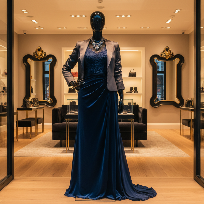 Maniquí femenino de lujo Jelimate con ventana dorada y plateada, con curvas y pechos grandes.