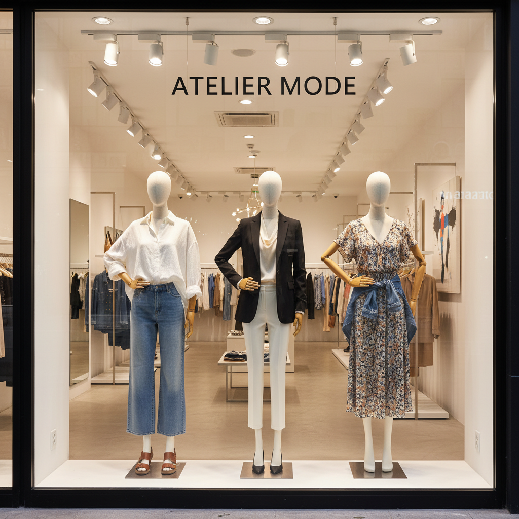 Contemporary clothing store window with JELIMATE female mannequins displaying modern apparel and accessories
