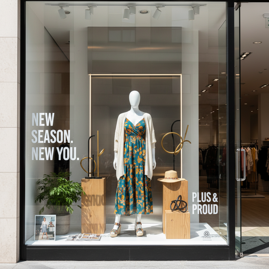 Maniquí femenino de lujo Jelimate con ventana dorada y plateada, con curvas y pechos grandes.