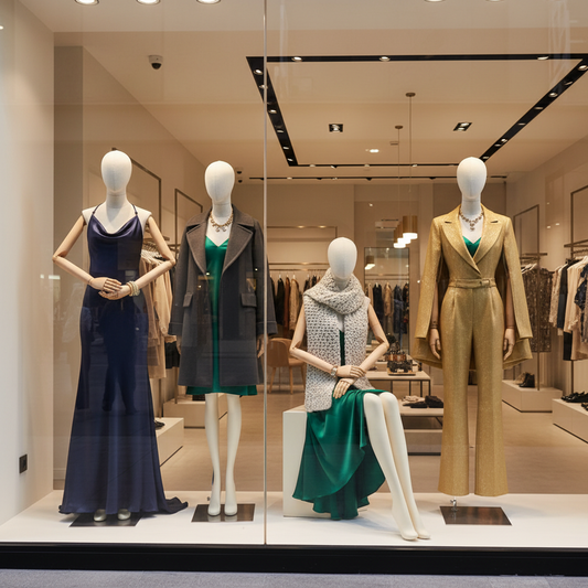 Designer fashion window display with cream-colored articulated mannequins on metal bases wearing elegant designer outfits