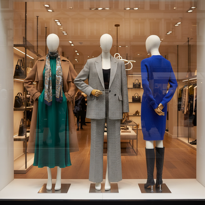 Designer fashion window display with cream-colored full-body mannequins on metal bases wearing elegant outfits