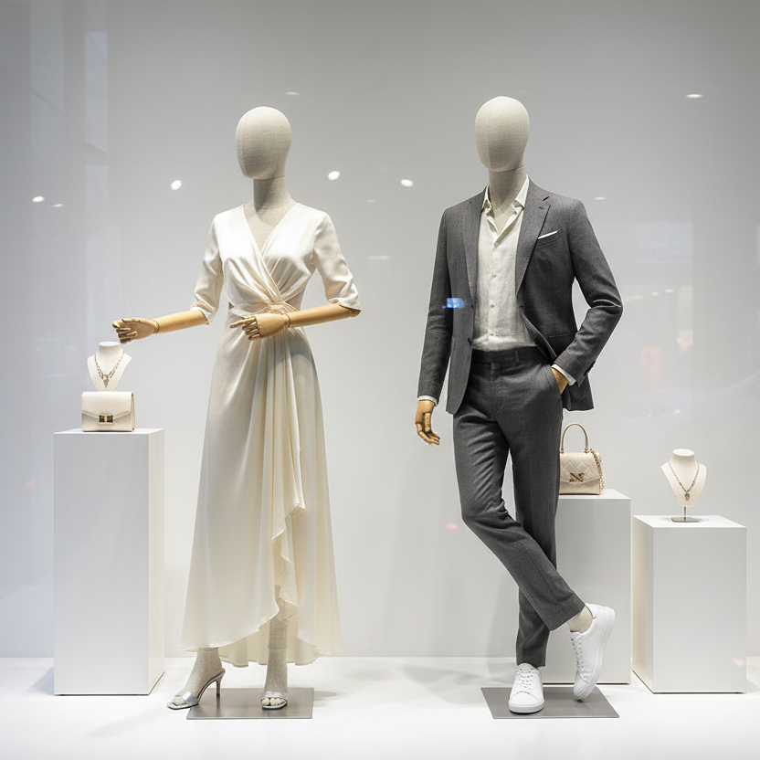 High-end-boutique-window-display-with-linen-models