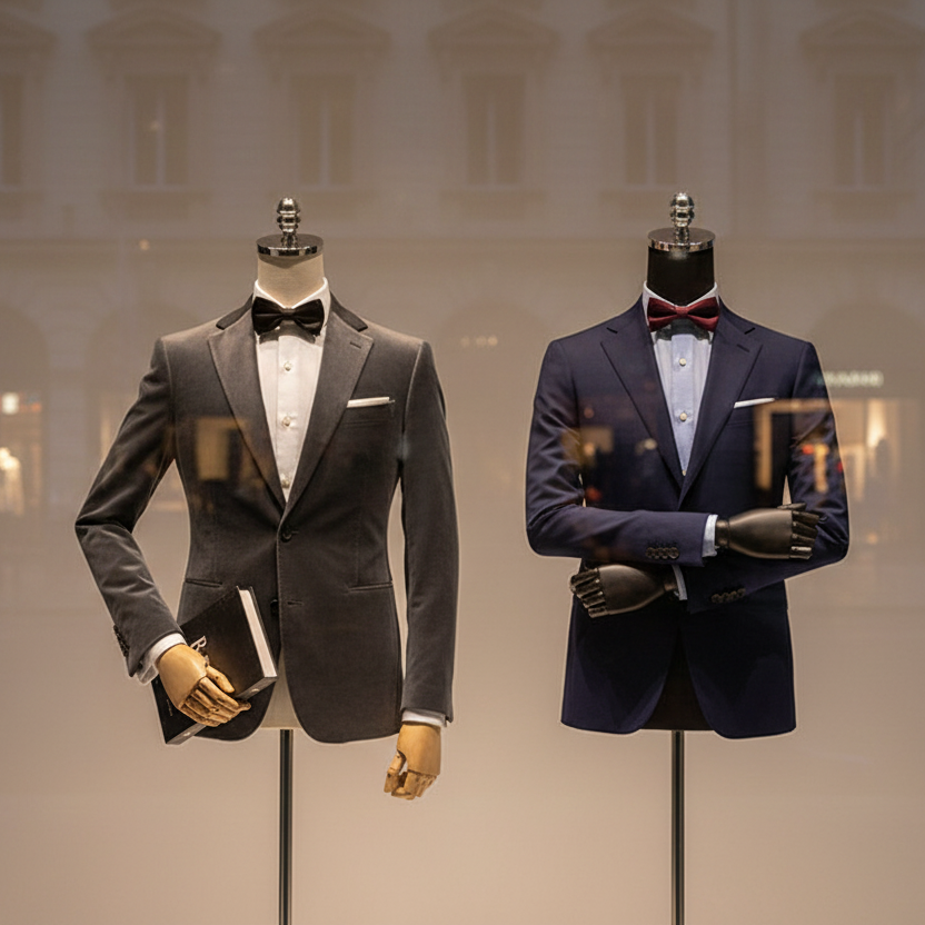 Men's clothing store window display mannequin for jackets and coats