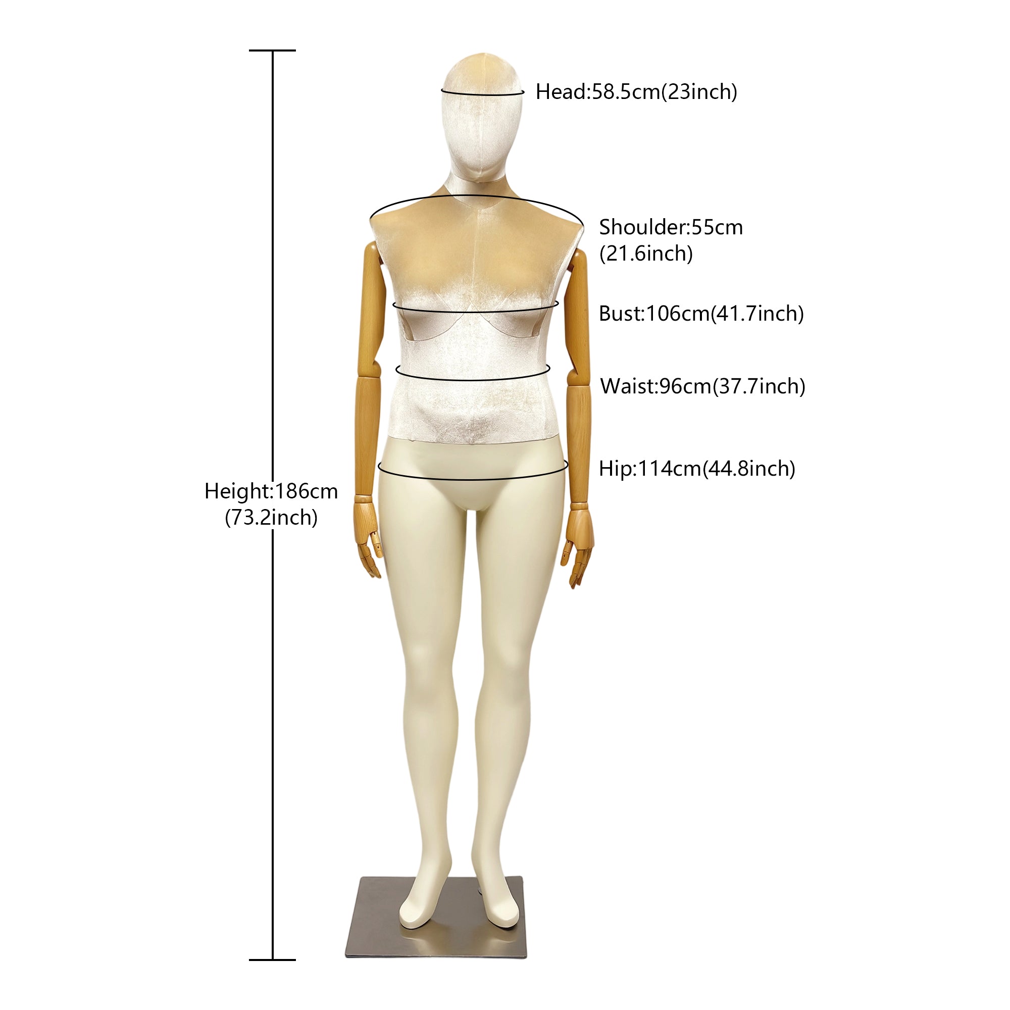 Elegant Plus Size Female Mannequin with Wooden Arms & Velvet Torso