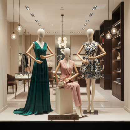 Female mannequin boutique window display with wooden articulated arms wearing designer clothing in luxury storefront