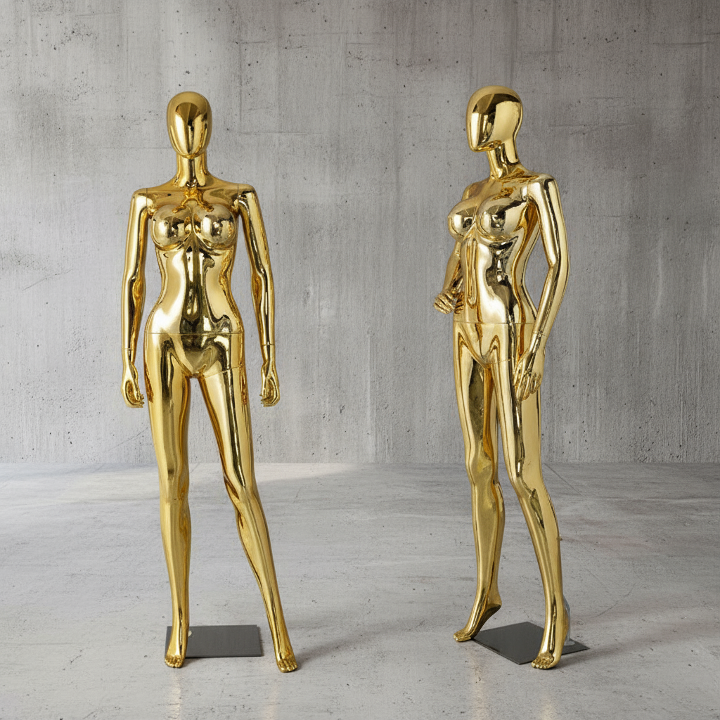 Gold Mannequins on Concrete Background