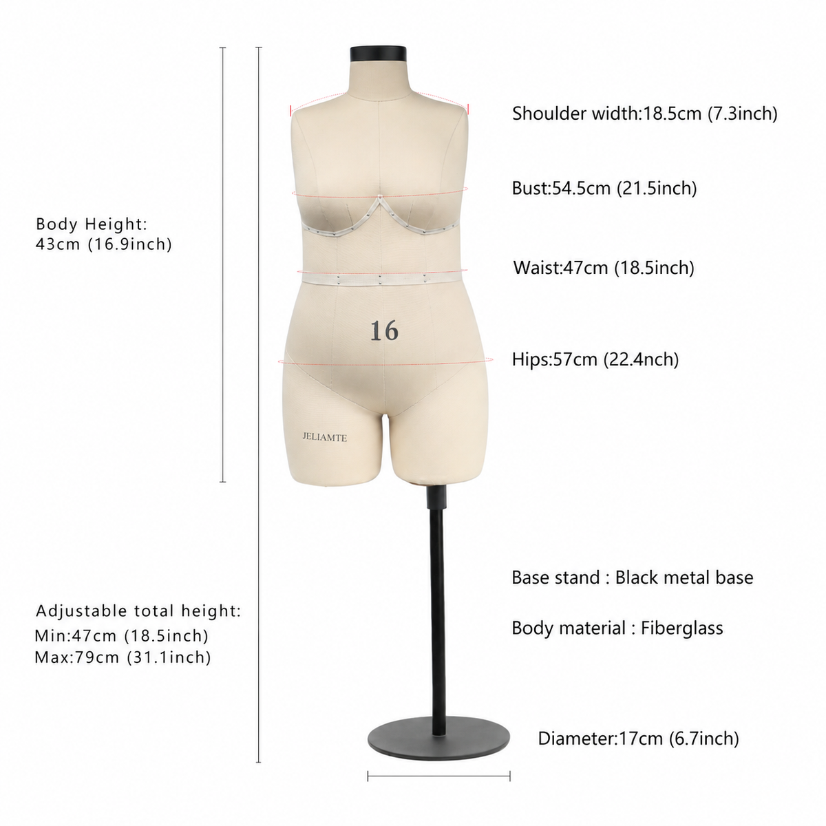 DE-LIANG Plus Size 16 Half Scale Female Dress Form for Draping & Pattern Making