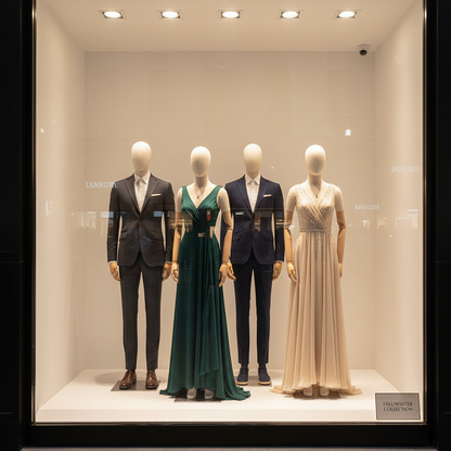 JELIMATE full body fabric mannequin displayed in luxury boutique store window with warm lighting and minimalist white interior for wedding gown and suit showcase