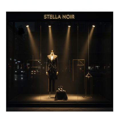 JELIMATE male and female bamboo linen mannequin with wooden arms in modern retail window display with dramatic spotlight lighting for high-end fashion boutique