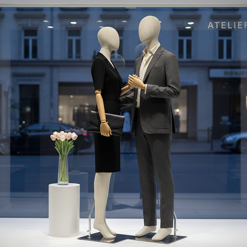 High-end-boutique-window-display-with-linen-models