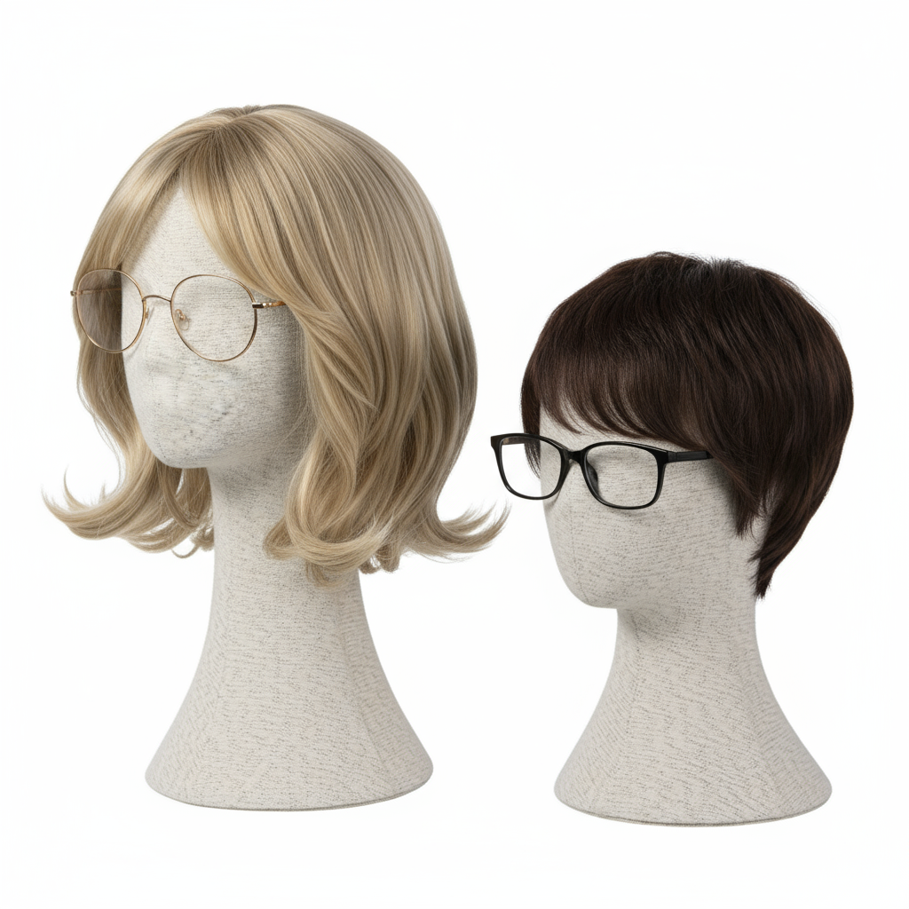 Mannequin heads with wigs and glasses