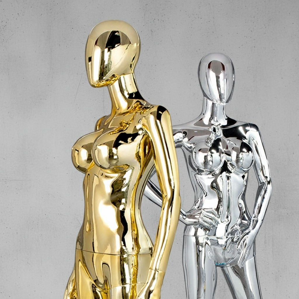 Metallic mannequins with concrete background