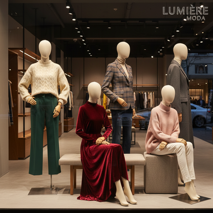 Premium boutique storefront display with realistic female mannequins in standing and sitting poses showcasing seasonal apparel