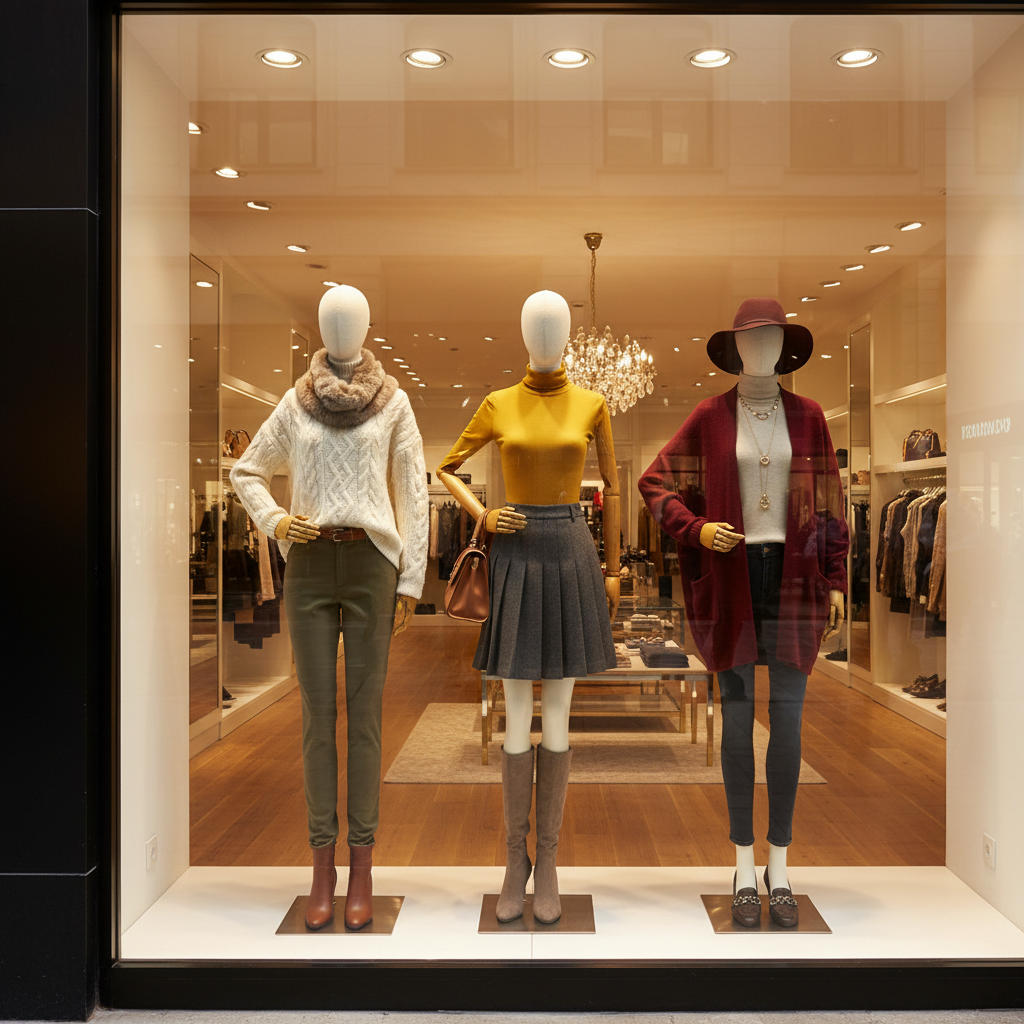 Premium boutique storefront display with realistic female mannequins showcasing seasonal clothing collection