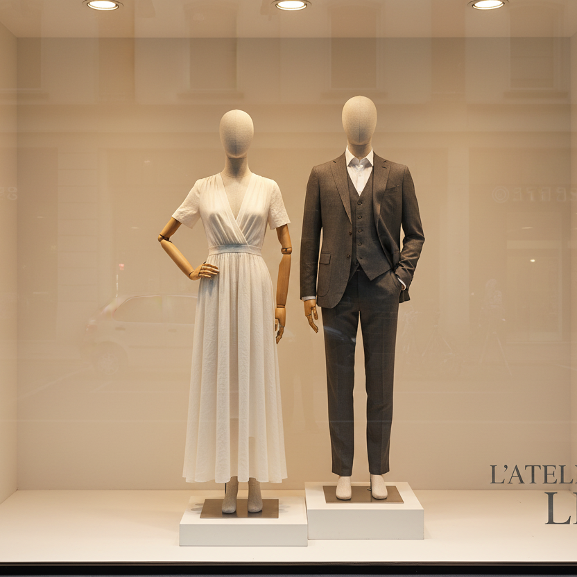 High-end-boutique-window-display-with-linen-models