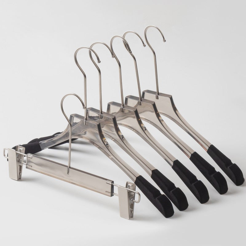 Jelimate Fashion Transparent Grey Acrylic Pant Clothing Hanger Special Clothing Store Velvet Shoulder Adult Clothes Display Hanger Crystal Clear Garment Hanger Simple Wedding Dress Hanger Clothing Display Rack