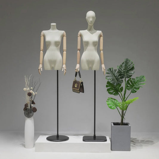 Jelimate Female Full Body Mannequin in Standing & Sitting Pose,Linen Fabric Beige Dress Form Mannequin,Female Body Mannequin With Wooden Arms,Window Display Female Full Body Model,Clothing Shop Clothing Display Mannequin Torso