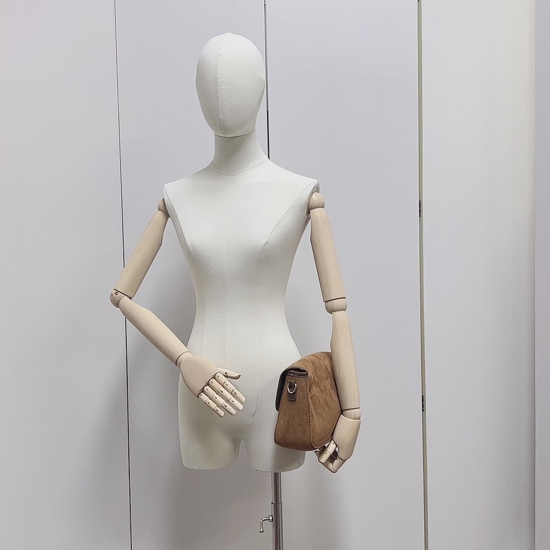 Fabric Mannequin Torso with Wooden Arms - Beige Bamboo Linen Female Display Form