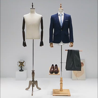 JELIMATE Male Mannequin Torso with Articulated Wooden Arms & Full Suit Display Stand