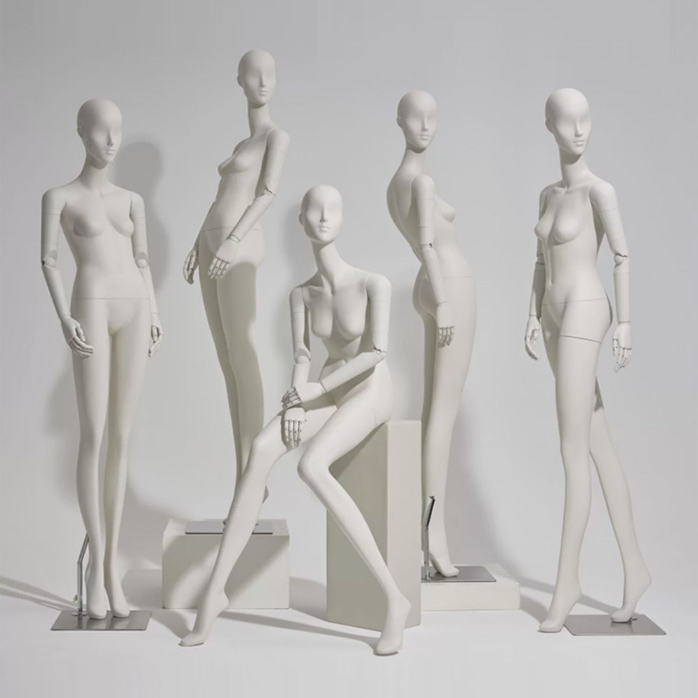 Avant-Garde Full Body Female Mannequin – Matte White Fiberglass with Matching Articulated Wooden Hands
