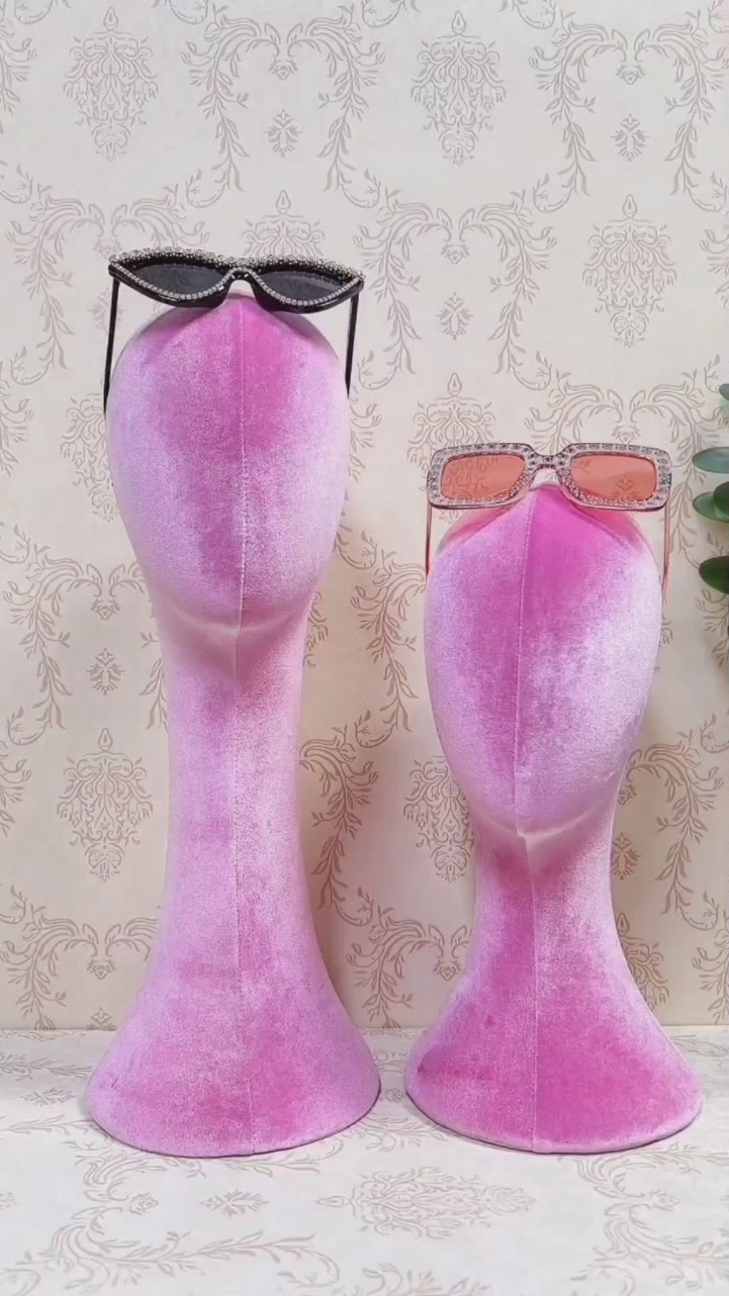 JELIMATE Fully Pinnable Female Mannequin Head Model,Luxury Pink Velvet Mannequin Head Dress Form,Headband Headphone Sunglasses Jewelry Wig Display Head Mannequin Hat Display Stand Manikin