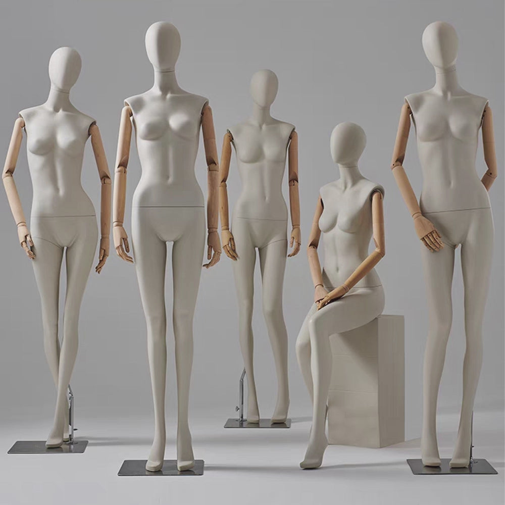 JELIMATE Premium Female Display Mannequin - Matte Beige Fiberglass Body with Articulated Real Wood Arms & Stable Calf-Support Base
