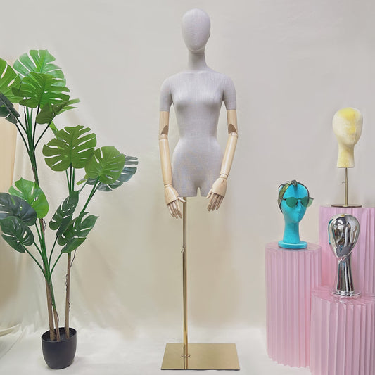Adjustable Female Half-Body Mannequin with Linen Cover and Wooden Arms for Clothing Display