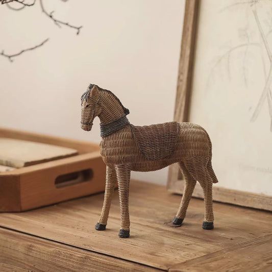 Rattan Horse Statue - Handcrafted Resin Horse Sculpture for Home Decor