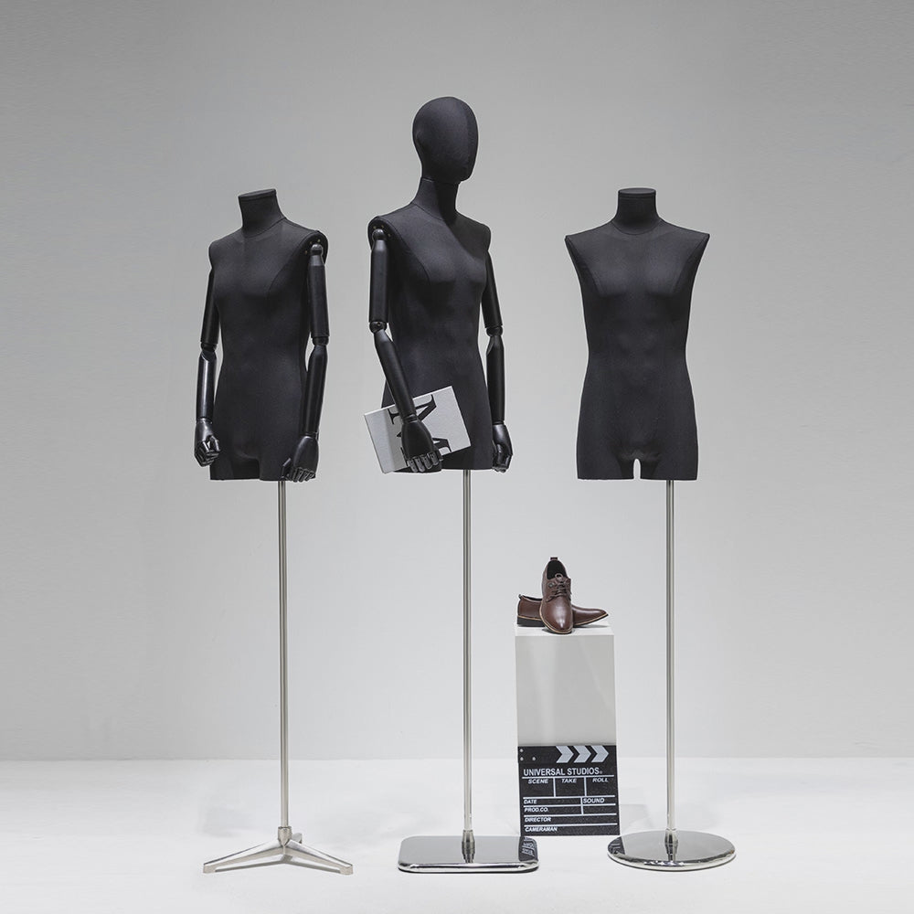 Maniquí masculino de medio cuerpo Jelimate de color negro con forma de torso, cabeza de maniquí envuelta en tela de lino, brazos de madera, modelo de exhibición de ropa con forma de torso para hombre