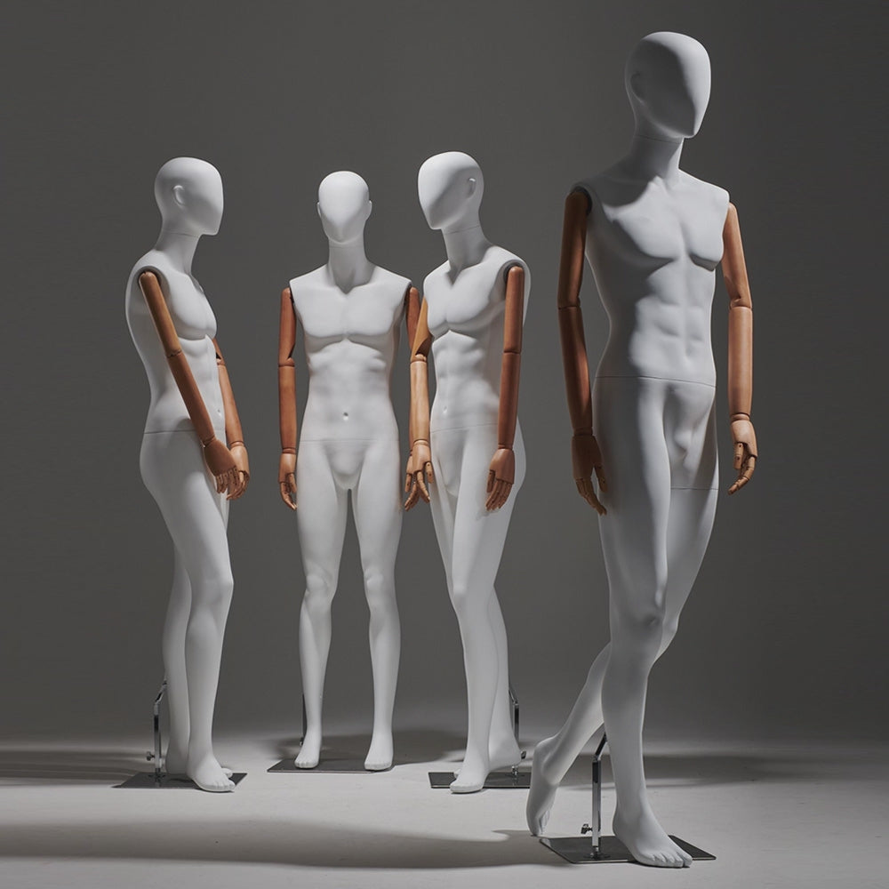 JELIMATE Full Body Flexible Model Male – White Dress Form with Wooden Arms for Fashion Display