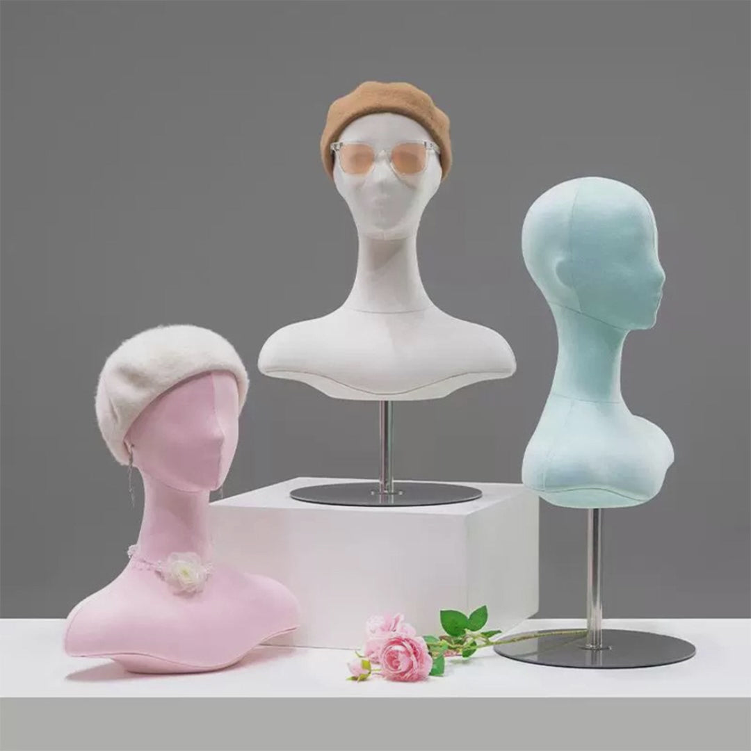 Jelimate Female Mannequin Head With Shoulders,Colorful Suede Velvet Mannequin Head With Base,Jewelry Display Head Mannequin Wig Display Stand,Scarf Bag Veil Sunglasses Hat Display Head Model Props