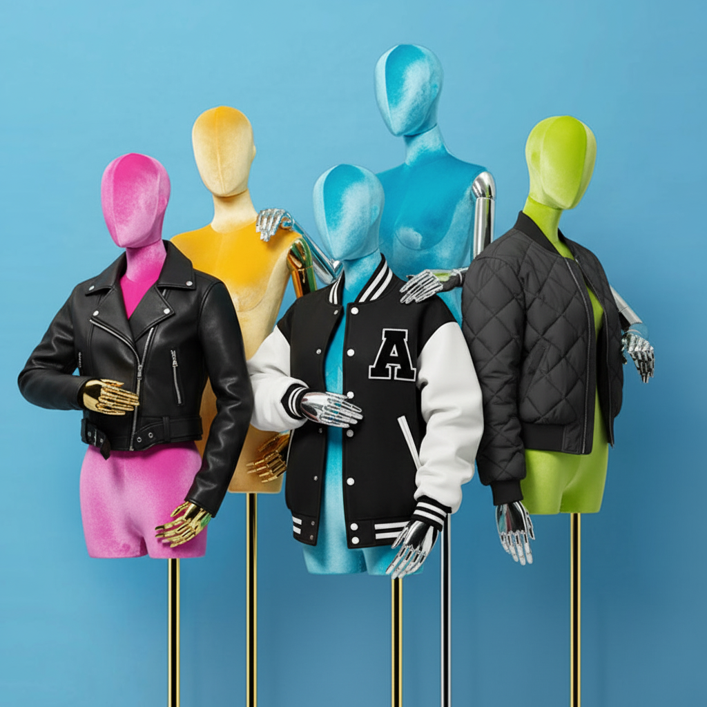 Three mannequins with cropped leather, varsity, and quilted bomber jackets