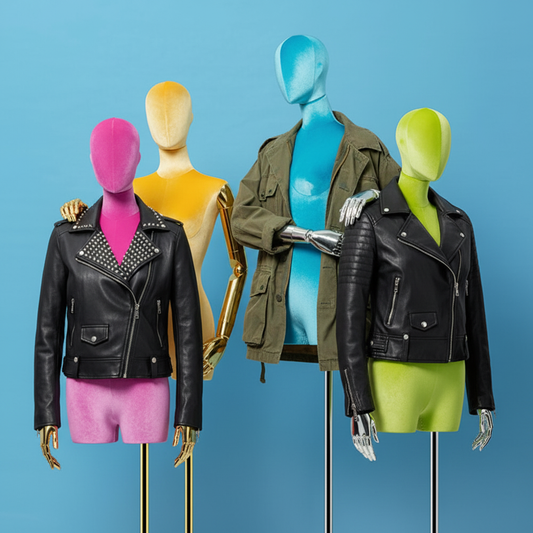Three mannequins with studded biker, military, and moto jackets